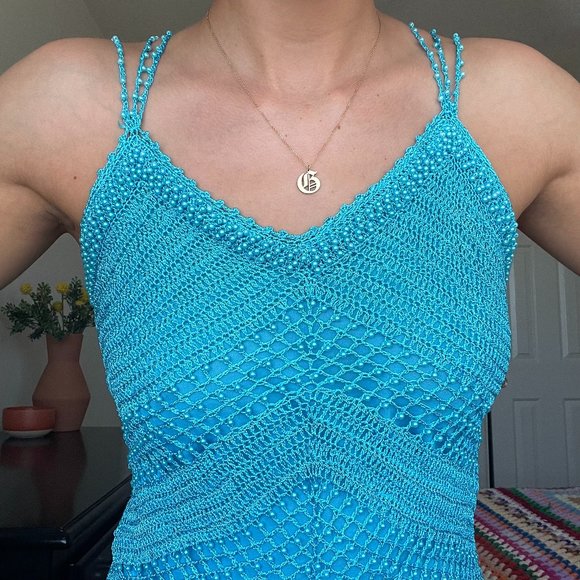 SOLD! 90s/ Y2K Beaded Blue Boho Tank Top with Fringe - Picture 2 of 8